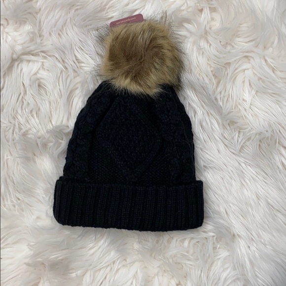 Black Pom Pom Fleece Lined Beanie - Picture 6 of 6